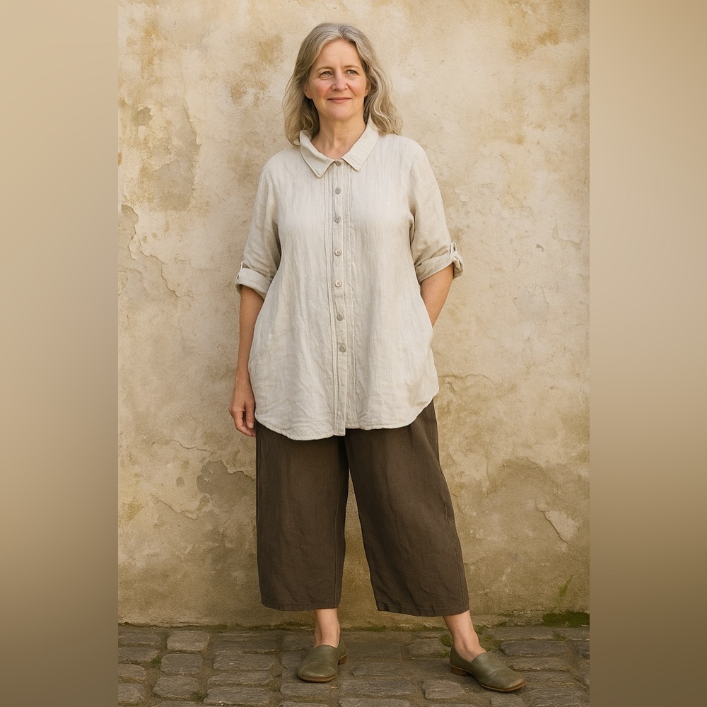 Camille & Co 100% Flax Linen Artsy Oversized Lagenlook Button Up Tunic Size M